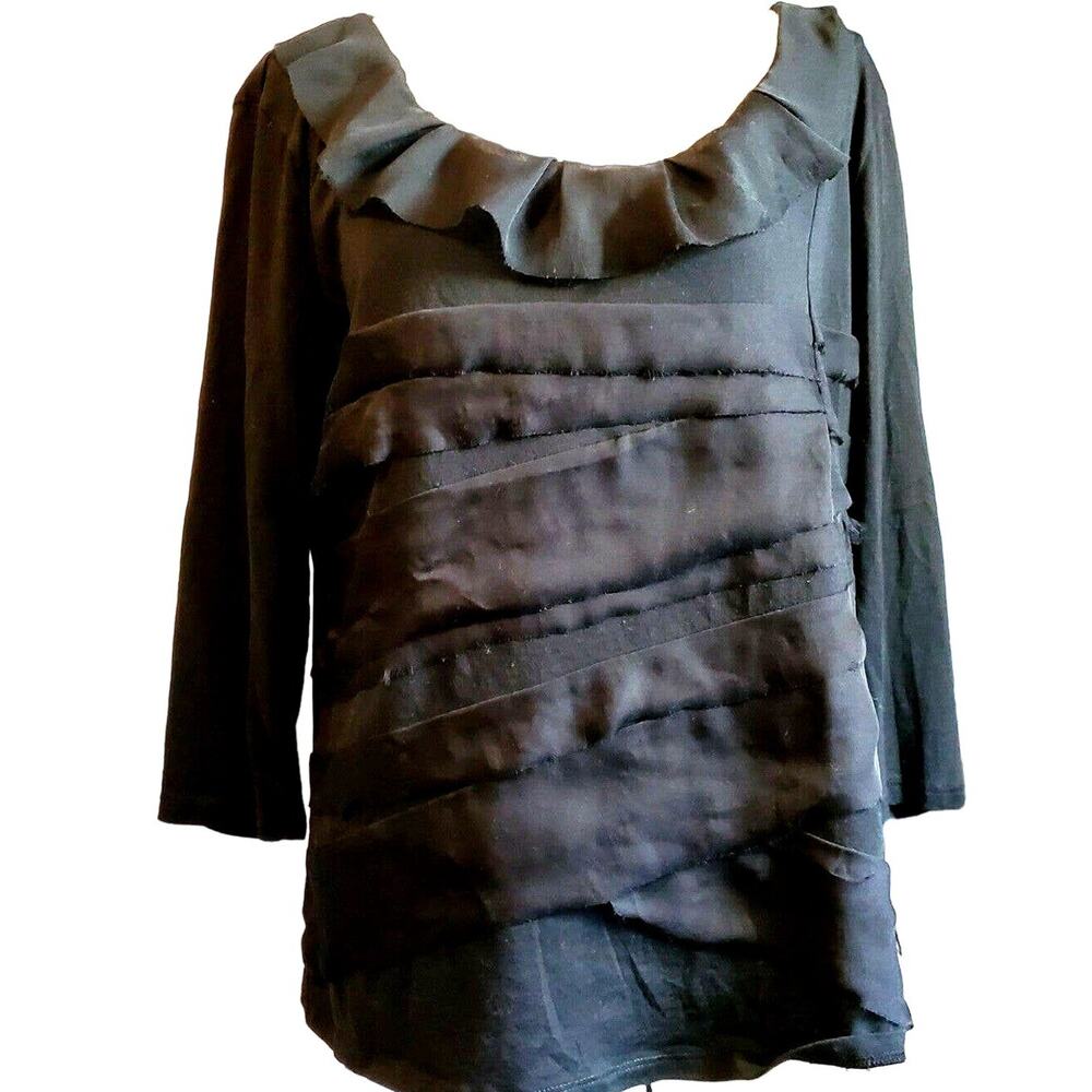New York & Company Ruffled Top Size XL Black 3/4 Sleeve Tattered Edge Front